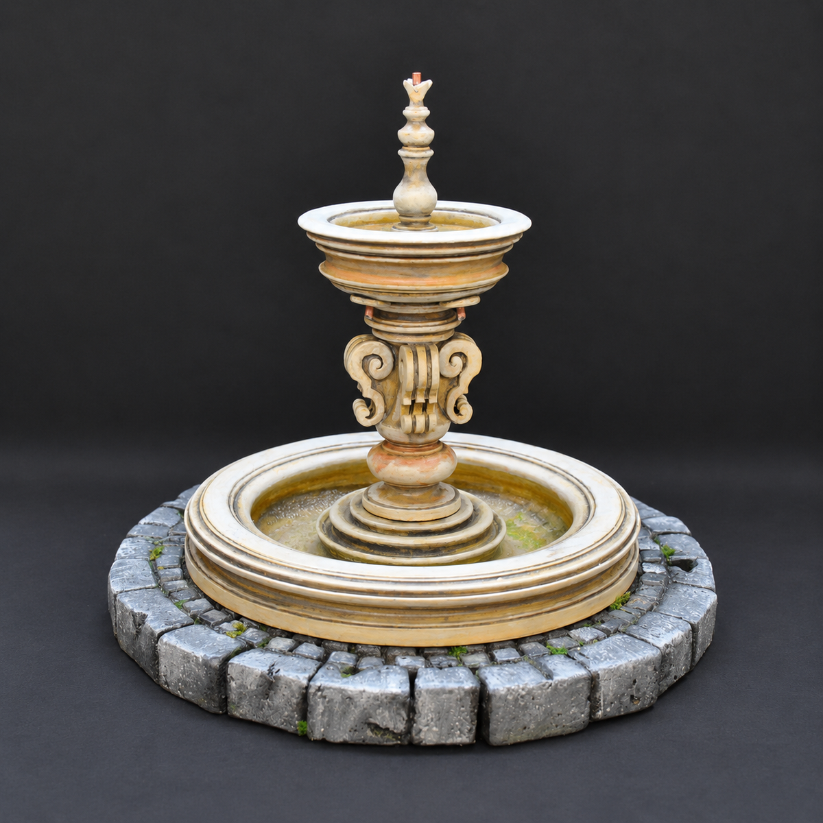 Fontana barocca artigianale in legno per presepe con pastori da 13 cm, vista frontale