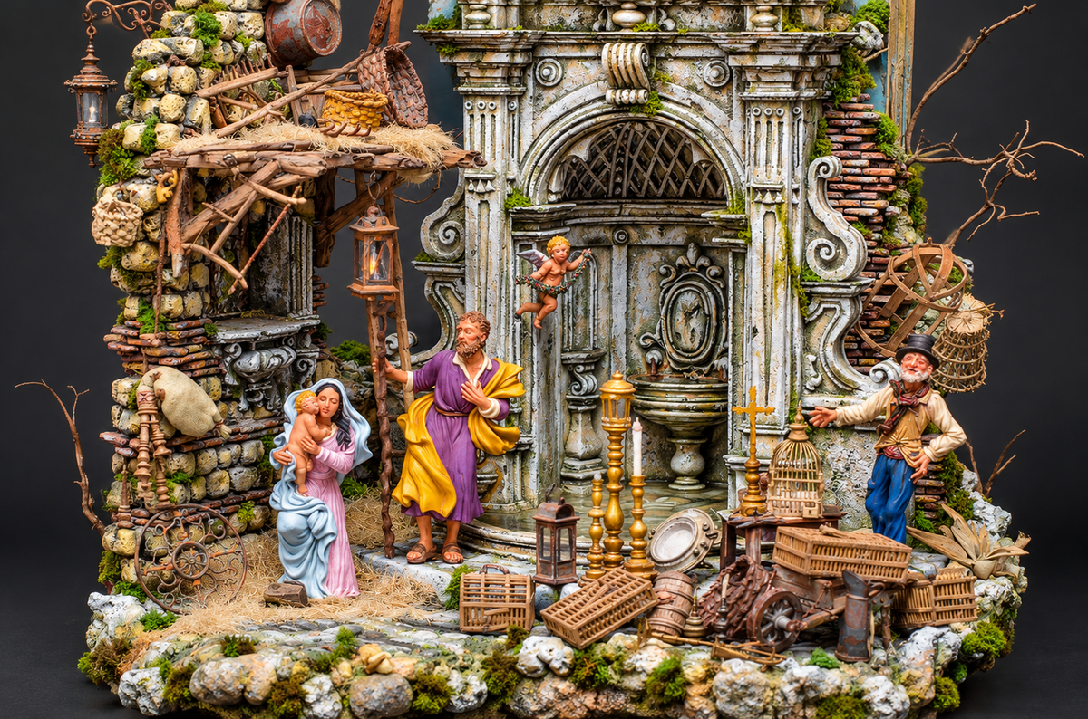 La Magia dell’Evento, dettaglio della Natività e del rigattiere con accessori artigianali