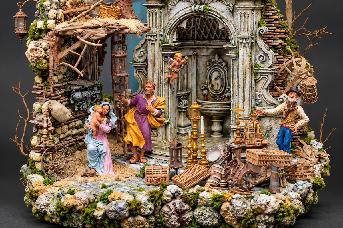 Scenografia in sughero dipinto a mano con pastori di Anna Bisogno e miniature di Salvatore Anastasio